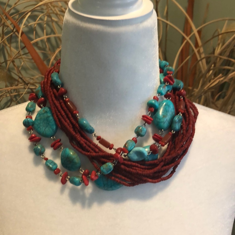 Turquoise&Red Rock and Bead Multistrand Necklace